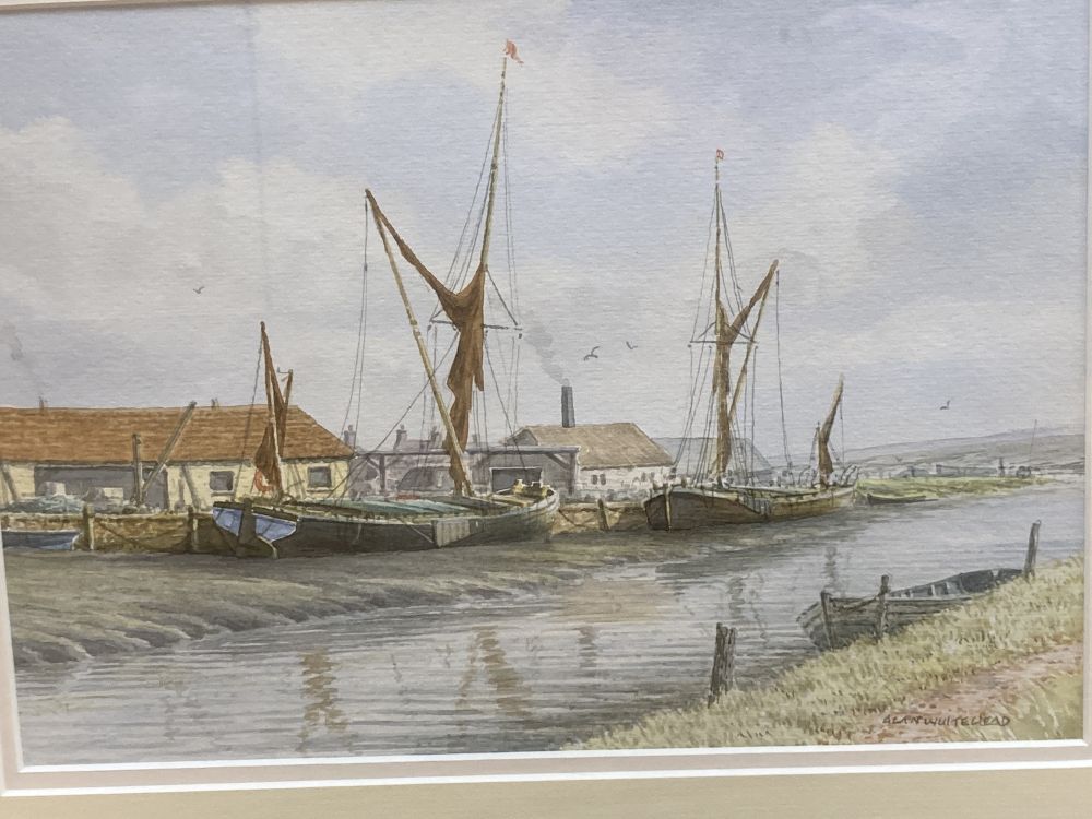 Alan Whitehead, three watercolours, Brick Wharves near Milton, Funton Moorings and Evening by the River Deben, all signed, 22.5 x 34.5c